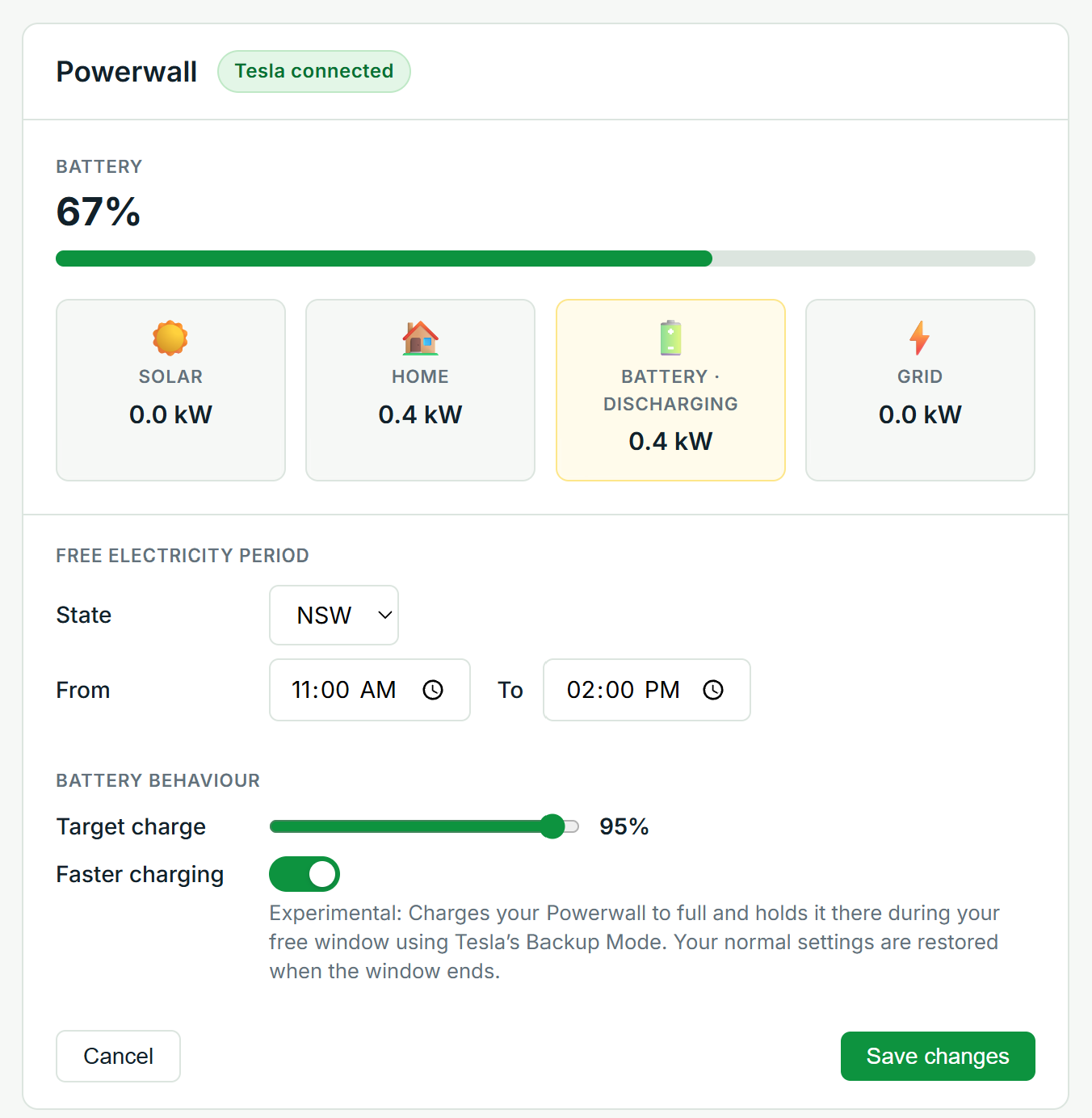 WallPilot Powerwall settings showing the state, free electricity period, target charge and faster charging option
