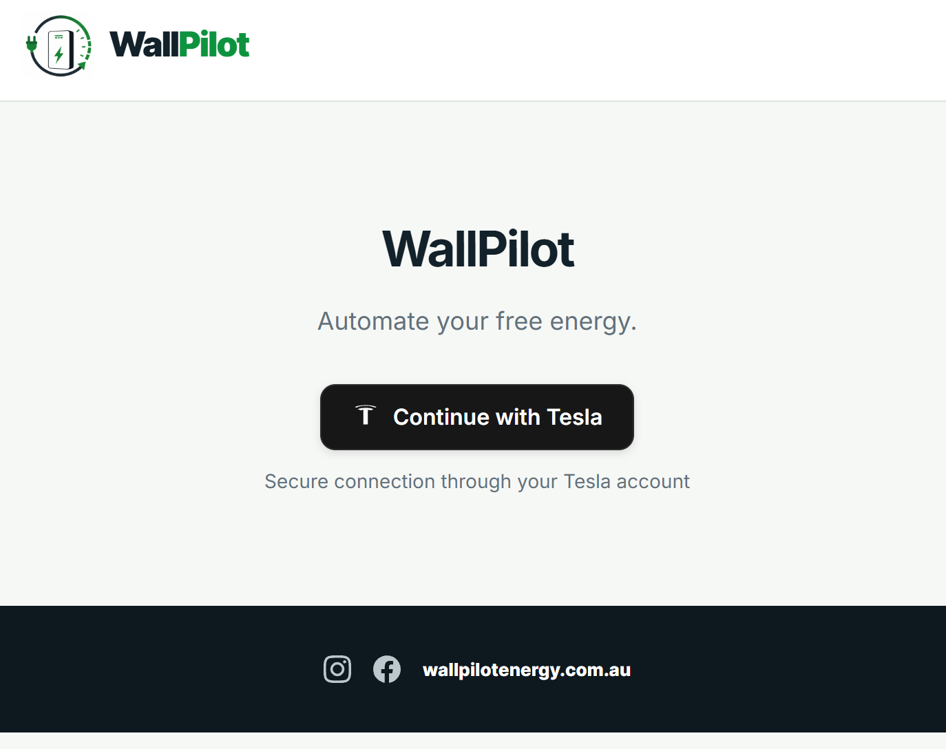 WallPilot login page showing the Continue with Tesla button